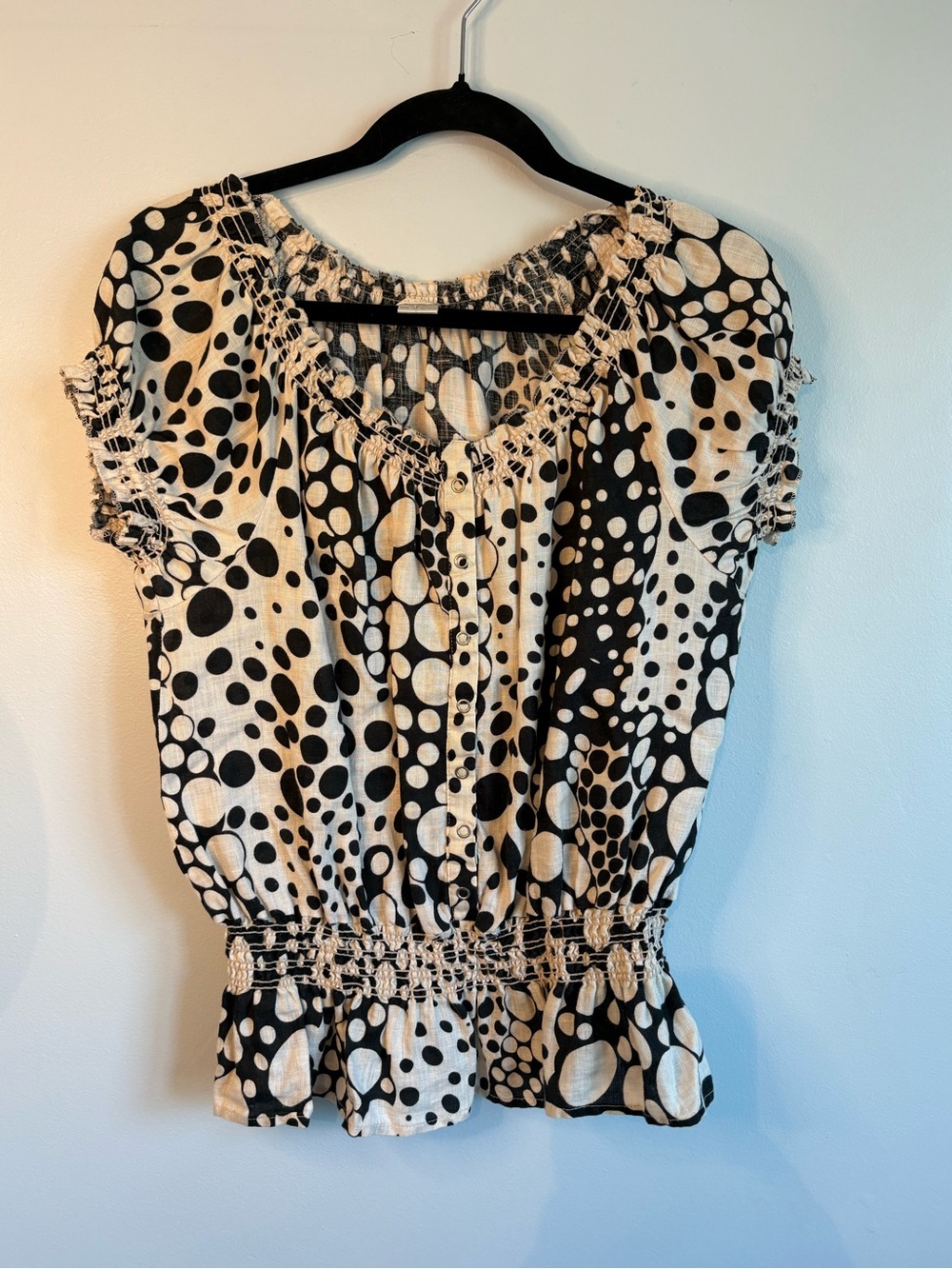 Sarah Spencer Black and Cream Polka Dot Peasant Top